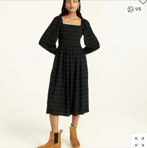 J Crew Smocked puff-sleeve dress in Black Watch tartan flannel